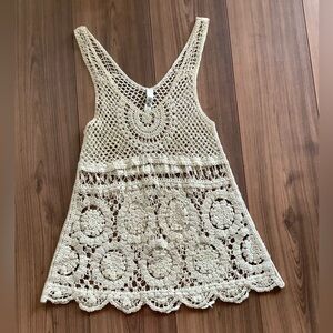 Crochet Openwork Tank in Natural Cream, Women’s Size Small, 100% Cotton